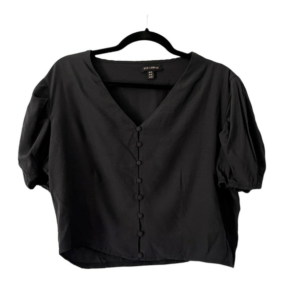 QED London Black Button Front Short Puff Sleeve Crop Top Size 10 - Picture 1 of 6